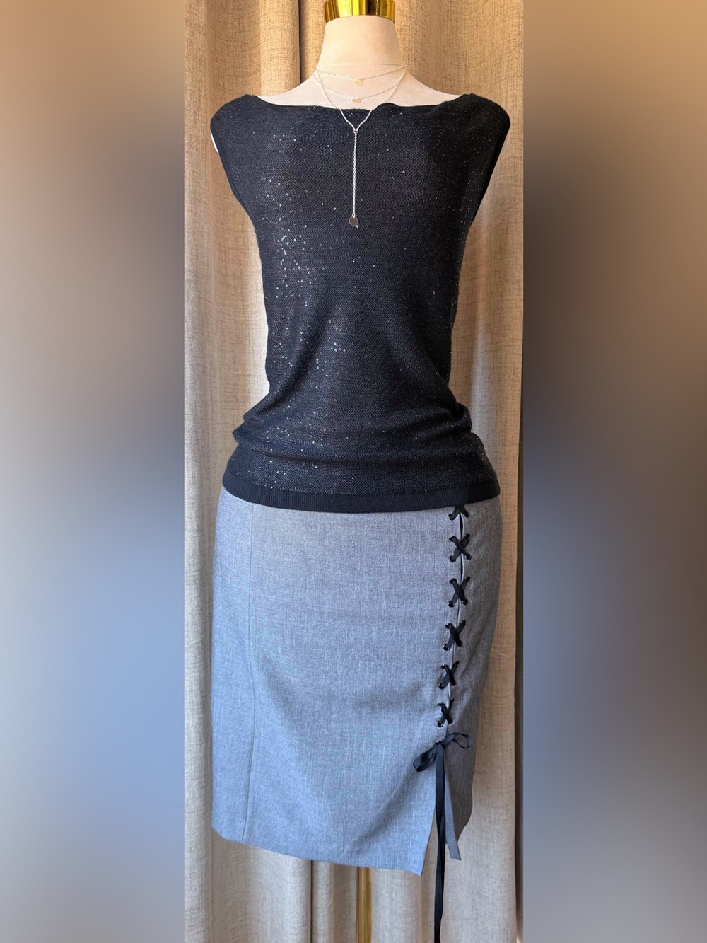 Nine West Gray Lace-Up Pencil Skirt Side Slit Size 12 Career Office